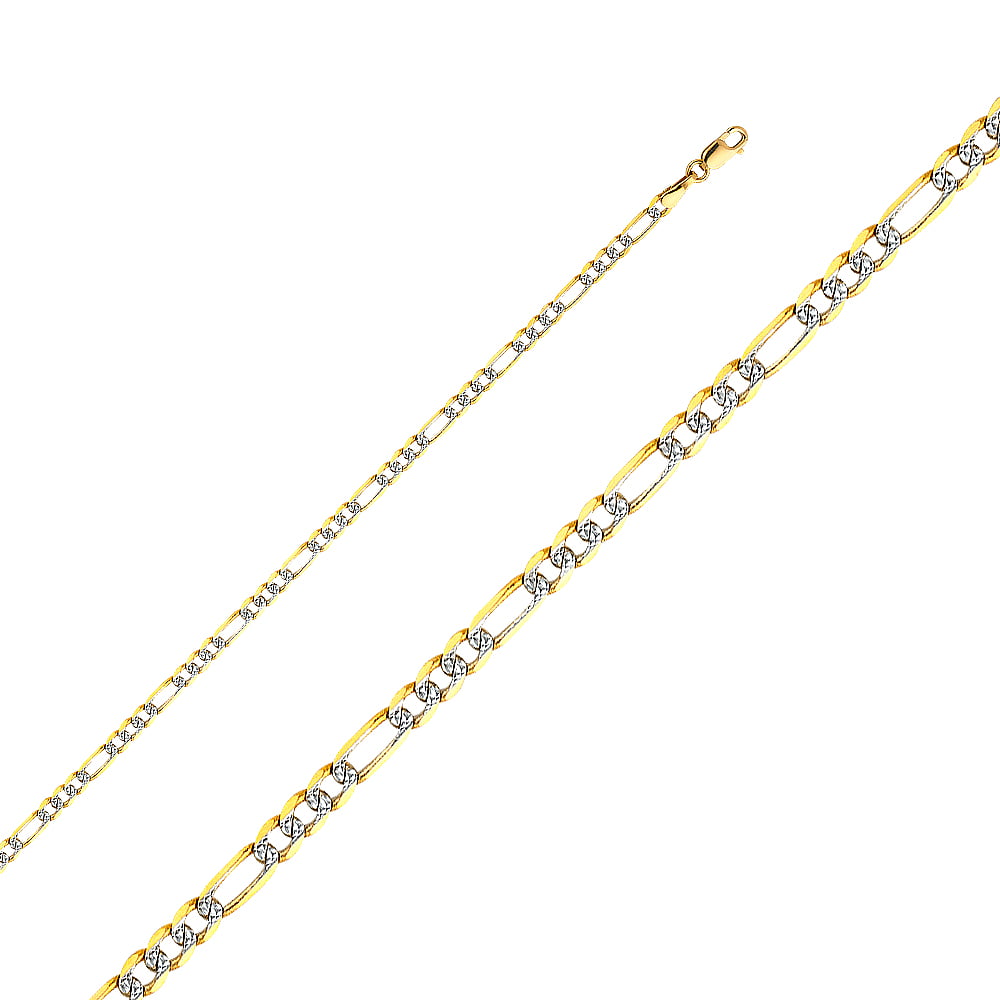 Wellingsale 14k Two Tone Yellow and White Gold Polished Solid 2mm Flat Mariner White Pave Diamond Cut Chain Necklace with Lobster Claw Clasp