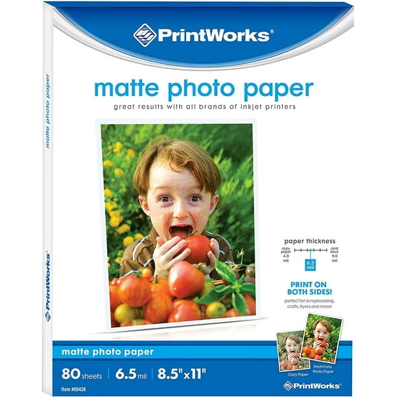 Printworks Papier Photo Mat pour Imprimantes Jet d'Encre, Imprimable des Deux Côtés, 6,5 mil, 8,5 x 11 Pouces, 80 Feuilles