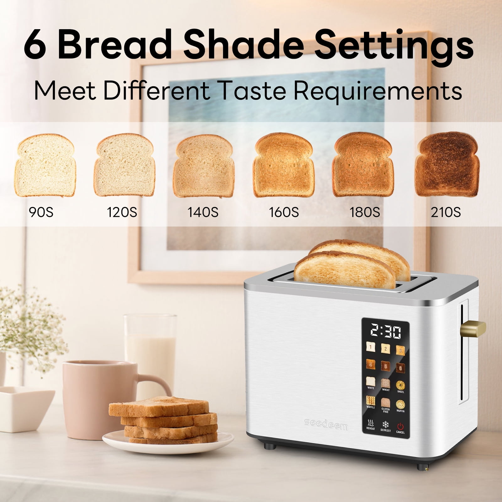 2 Slice-Toaster,Touch Control LCD Screen,6 Shade Setting & Bread Selection,Removable Crumb Tray,Stainless Steel,900W,Silver