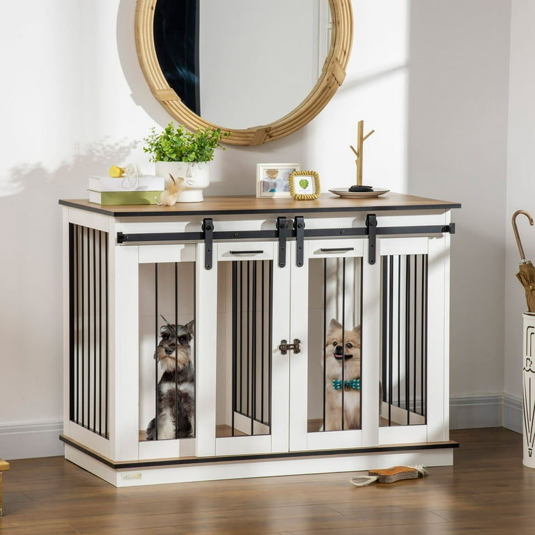 PawHut Modern Dog Crate End Table with Divider Panel White