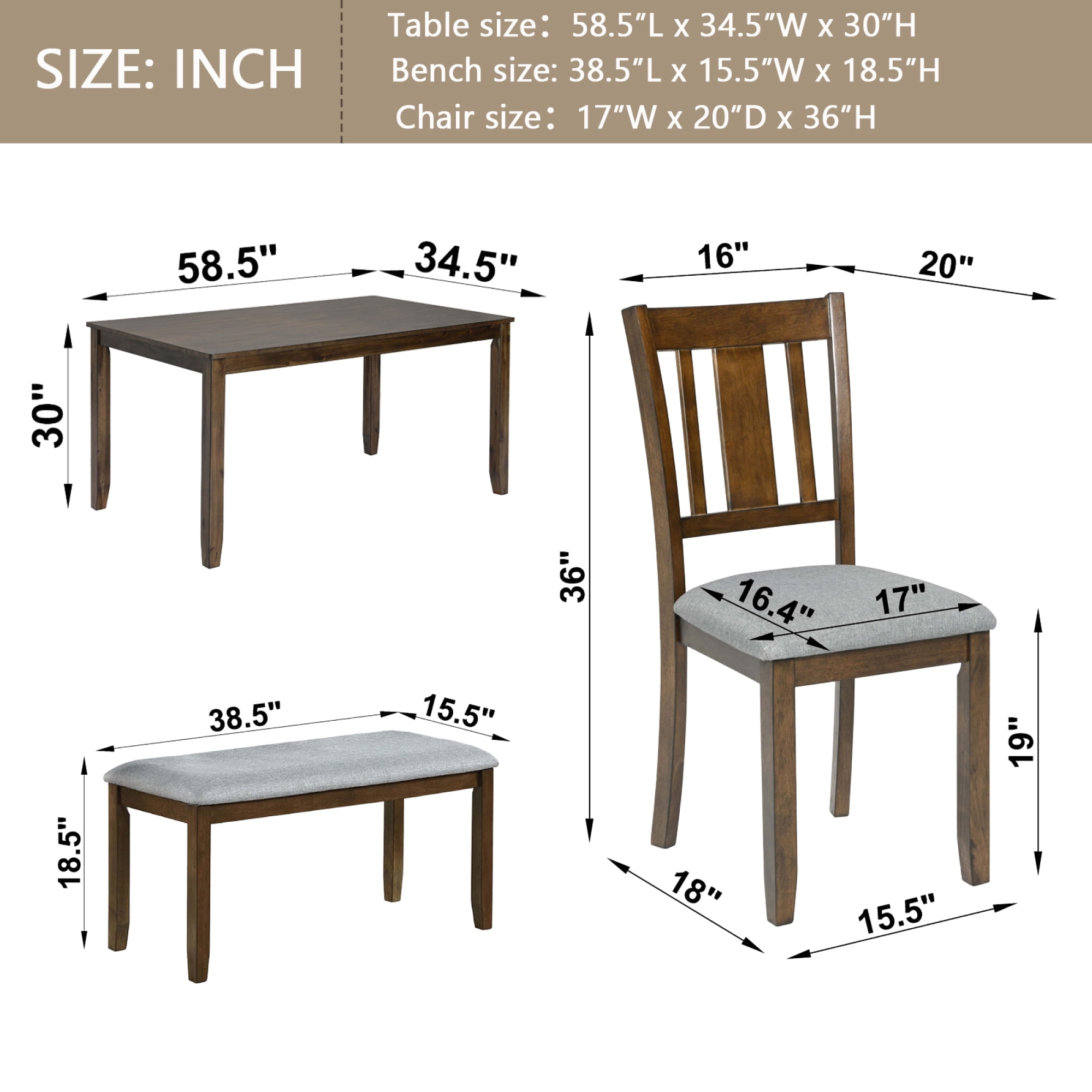 Leumius 6 Piece Kitchen Dining Set,Wood Rectangular Kitchen Table with 4 Upholstered Chairs and a Bench,Dining Table Set for 6 People,Kitchen Dining Table Set for Living Room, Home Bar and Kitchen