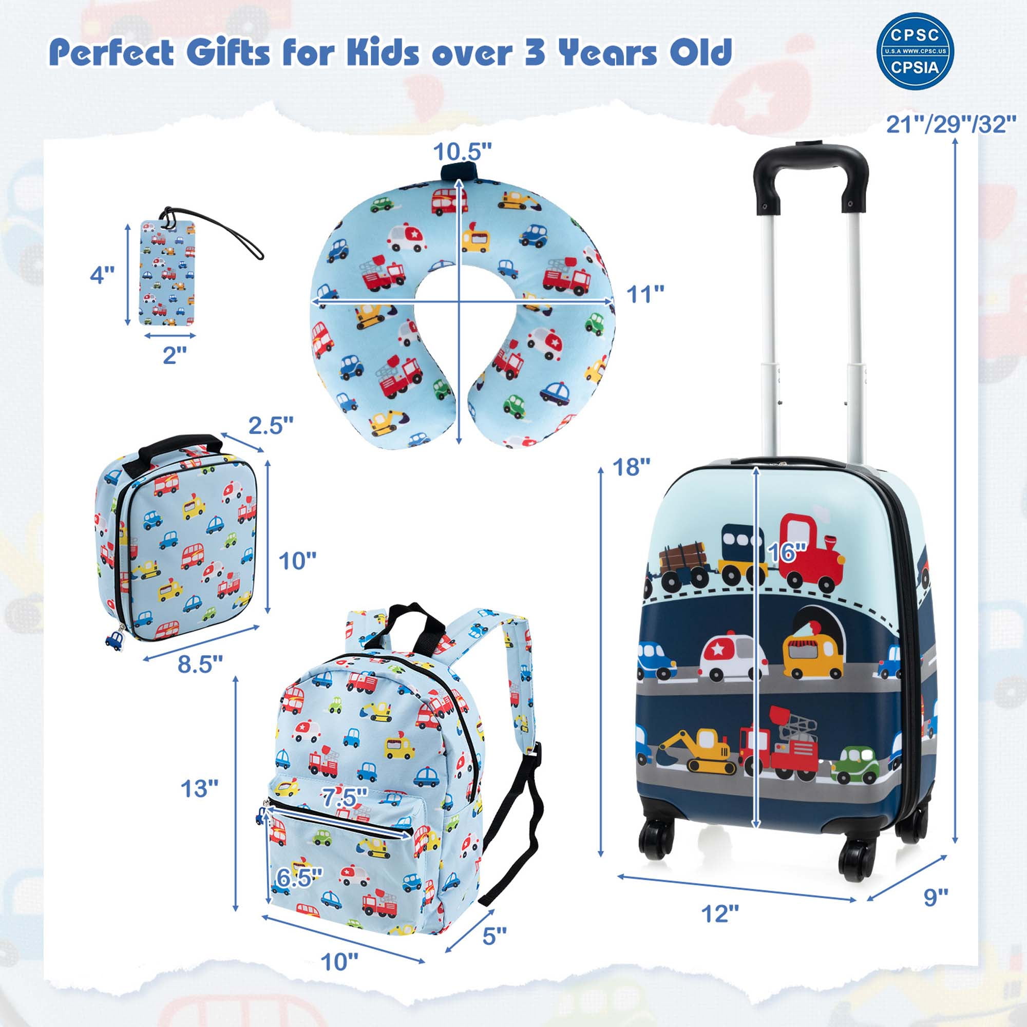 Costway 5 PCS Kids Luggage Set with Backpack Neck Pillow Luggage Tag Lunch Bag Wheels Blue