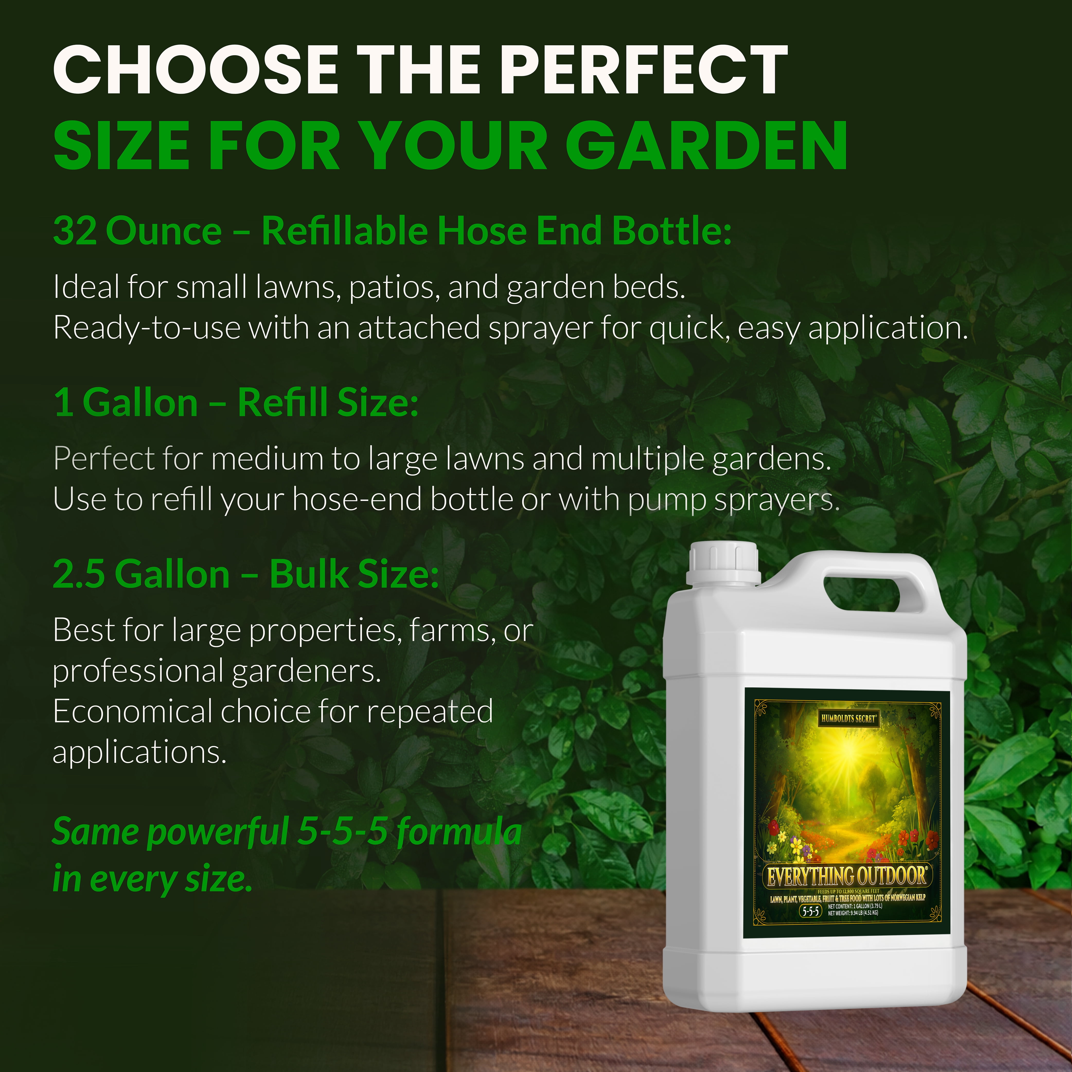 Humboldts Secret Everything Outdoor Plant Food | 5-5-5 Liquid Fertilizer with Norwegian Kelp | All Purpose Lawn, Vegetable & Fruit Food | Garden Nutrients | Refillable Hose End Bottle | 1 Gallon