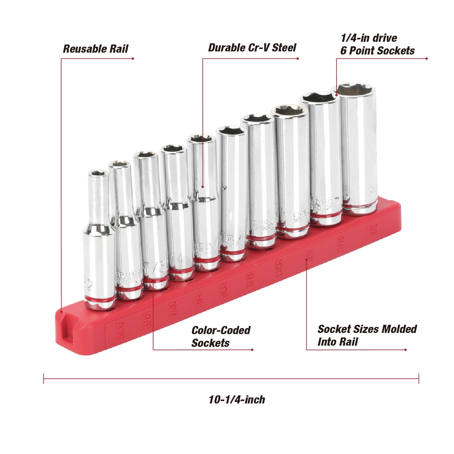 Hyper Tough 11-Piece 1/4-inch Drive Deep Socket Set (SAE)