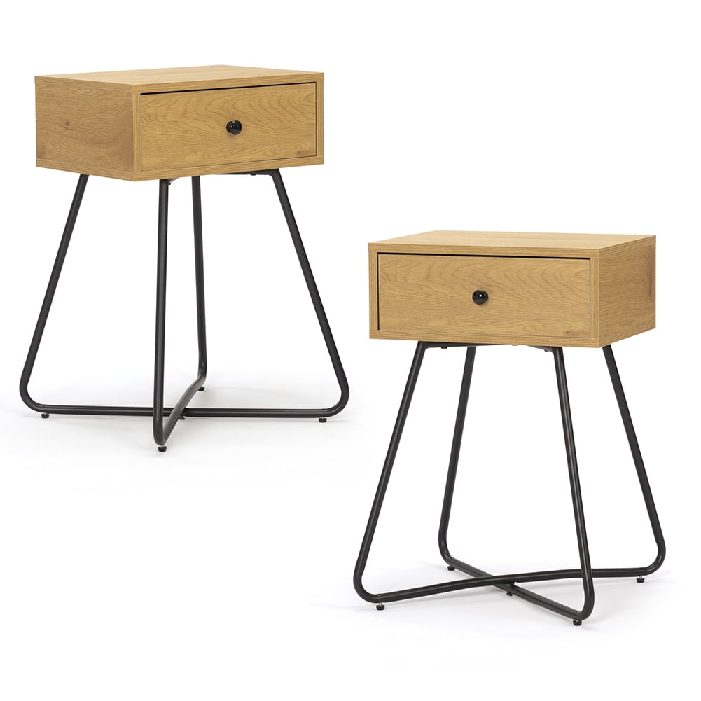 Kadyn Modern Nightstand, End Table with Drawer, Cross Legs, Bedside Table for Closet, Living Room, Oak-2PCS