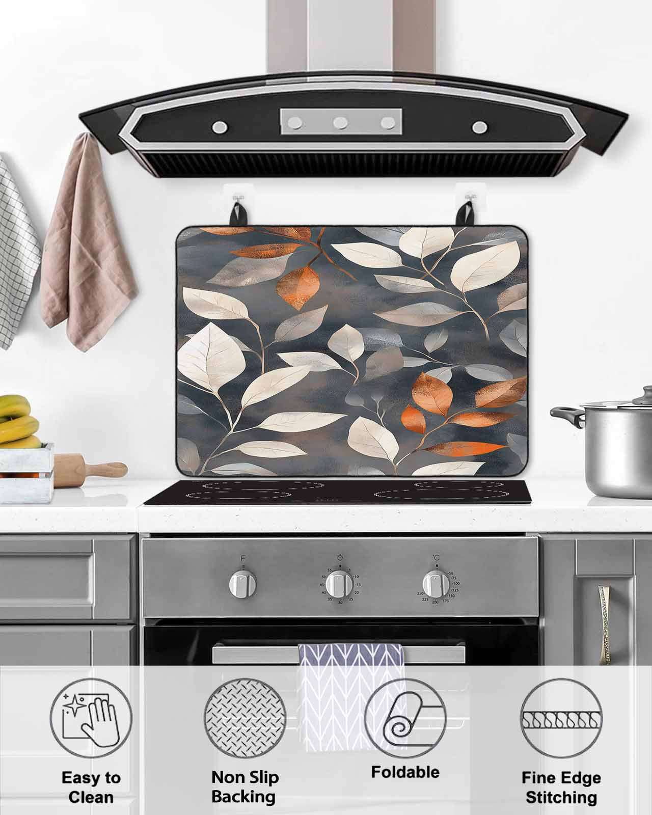 nqOlkjepod Large Induction Cooktop Protector Mat 28.5"x20.5", Botanical Leaves Stove Top Covers for Electric Stove, Farmhouse Vintage Leaf Plants Branches Stove Burner Cover Mats Stove Cover