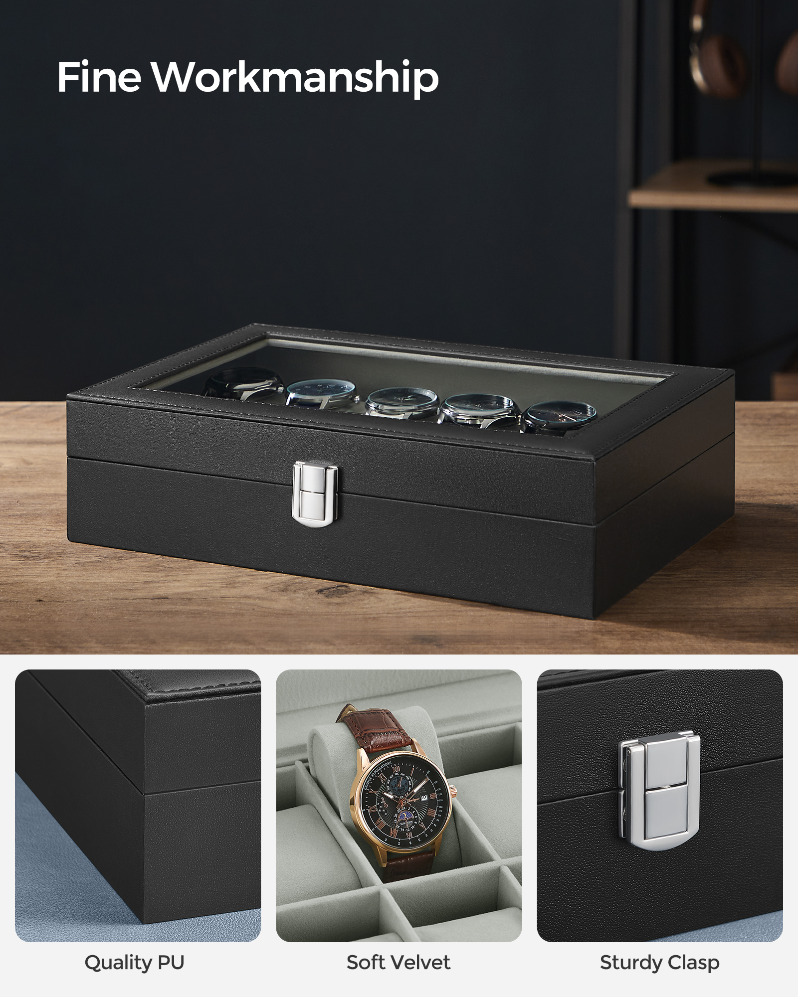 Songmics 12-Slot Watch Box With Glass Lid photo 3