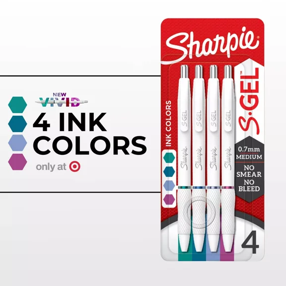 Sharpie 4pk S-Gel Pens 0.7mm Bright Assorted Ink Colors: Multicolored Gel Pens for Art & Office Use