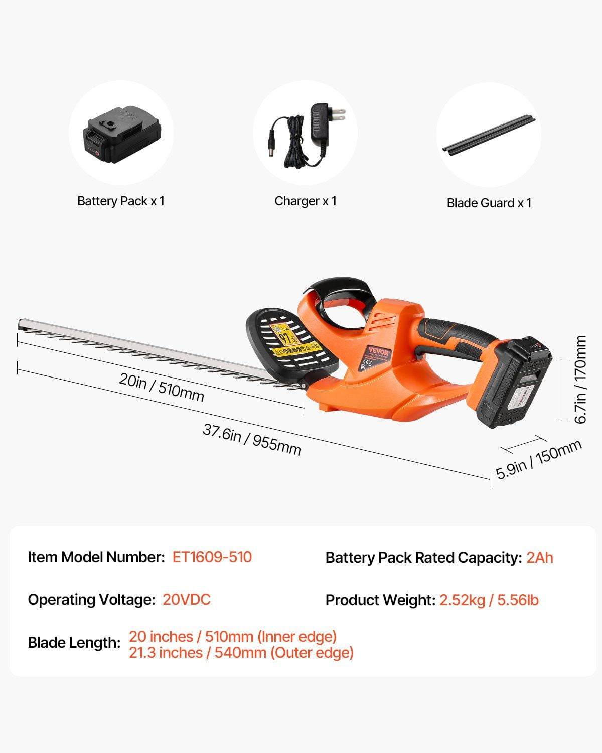 Cordless Electric Hedge Trimmer with 20V Rechargeable Battery and 20in Dual-Action Blade, Lightweight Bush Cutter with Powerful Motor, Safety Dual-Switch Design, and Extended Runtime