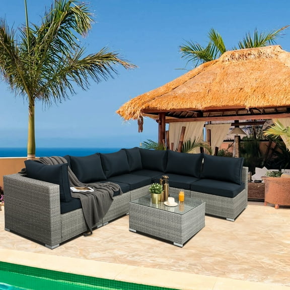 SEGMART Outdoor Conversation Seats Set with Removable Cushions, 7PCS Patio Bistro Seats Set with Glass Coffee Table, All-Weather PE Wicker Sofa w/2 Corner Chairs, 4 Single sofas, Grey & Blue, S2360