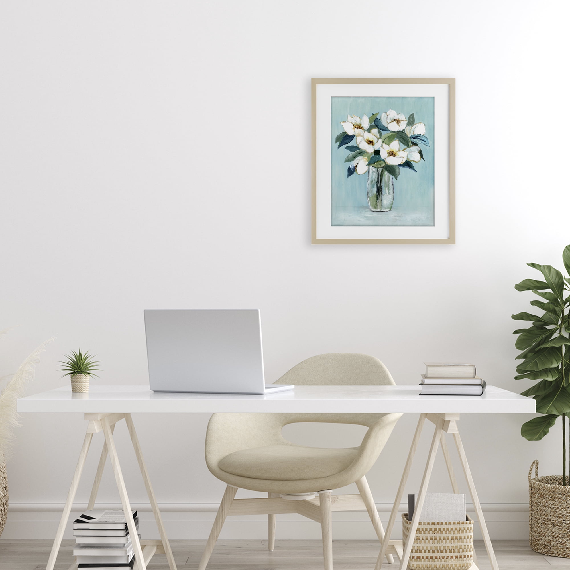 Stupell Industries Magnolia Blossoms on Blue Birch Framed Print Under Glass, design by Janet Tava