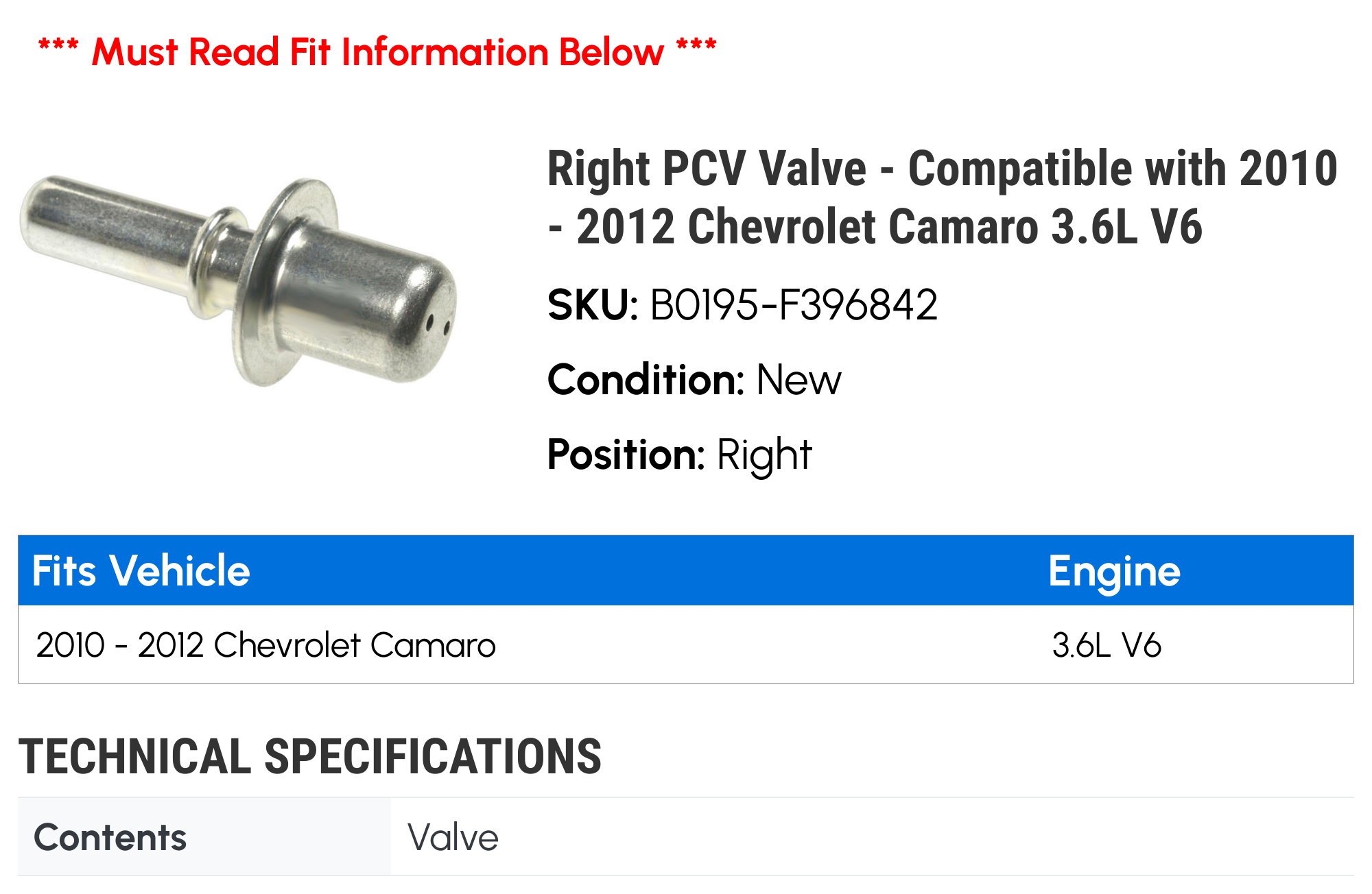 Right PCV Valve - Compatible with 2010 - 2012 Chevy Camaro 3.6L V6 2011