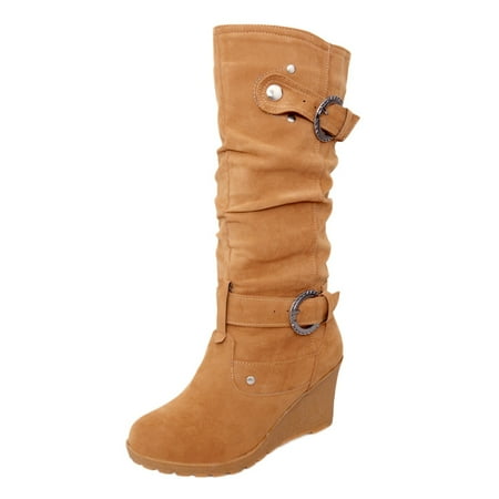 

jsaierl Women s Winter Flat Shoe Round Toe Thicken Wedges Ladies Long Tube Boots