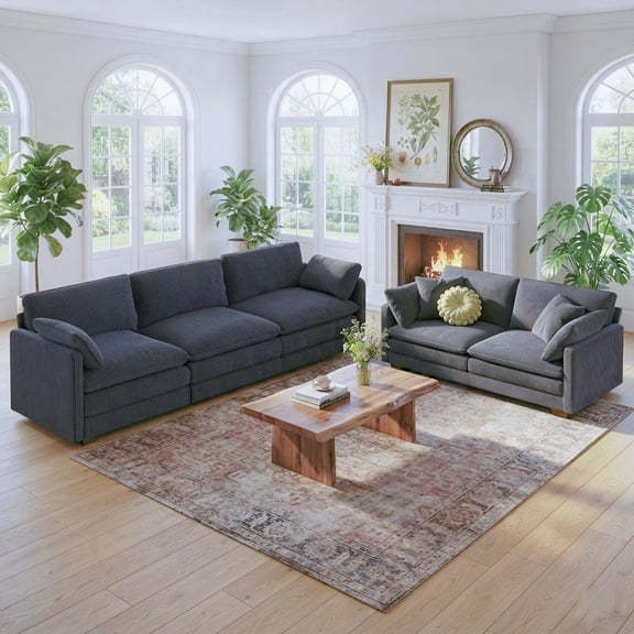 Sofa and Loveseat Set, Lofka 2 Piece Set Corduroy Sofa Couch, 3 Seater & Loveseat Sofa with Deep Seats, Modern Living Room Furniture Set, Dark Gray