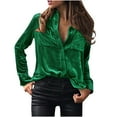 thumbnail image 2 of QATAINLAV Womens Vintage Velvet Tops Fall Fashion Casual Long Sleeve Button Down Shirts Solid Color Blouses Tops with Pockets Green XXL, 2 of 8