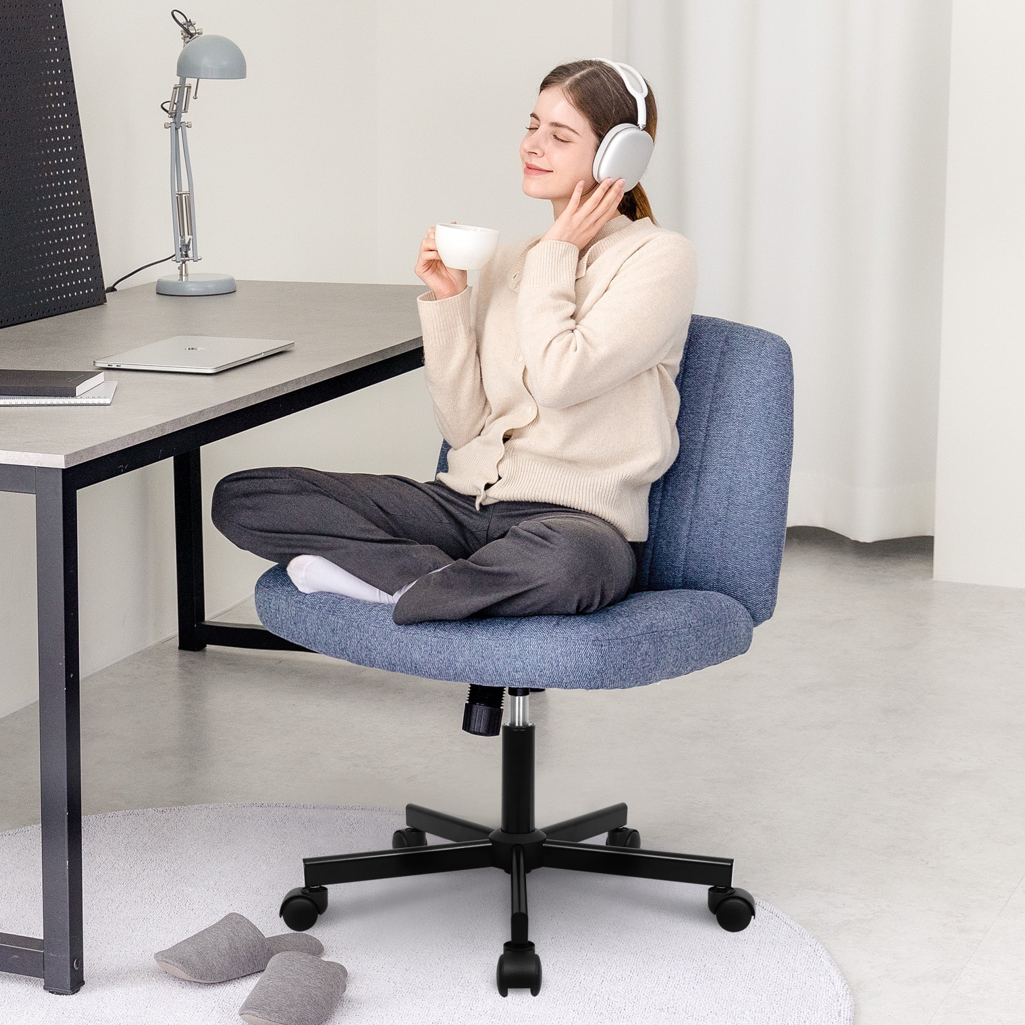 Orange Factory Criss Cross Chair Wheels Wide Cross Legged Office Desk Vanity Chair Comfy Fabric Armless Adjustable Swivel for Home Computer Task (Blue Wheel, Fabric)