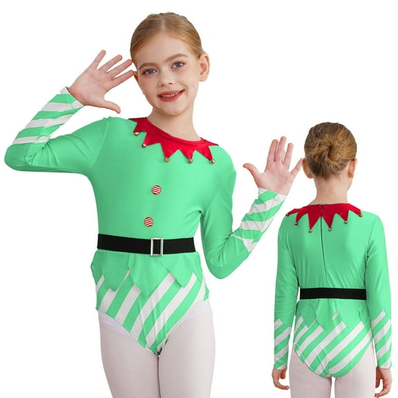 TiaoBug Kids Girls Candy Cane Costume Stripes Santa Helper Leotard Gymnastics Dance Bodysuit Green 12