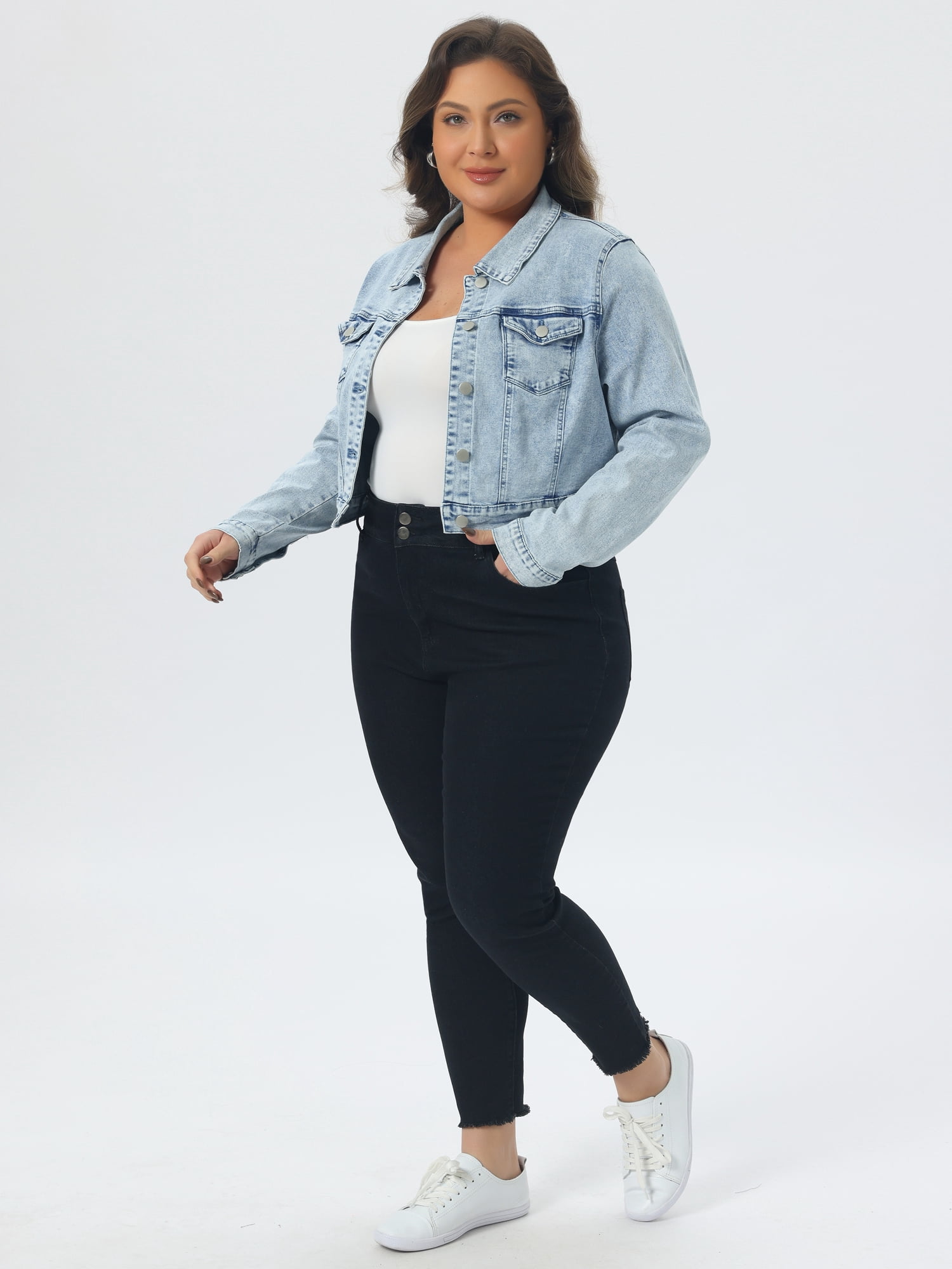 DARING DIVA Women's Plus Button Closed Cropped Denim Jacket 4X Light Blue Snow Wash