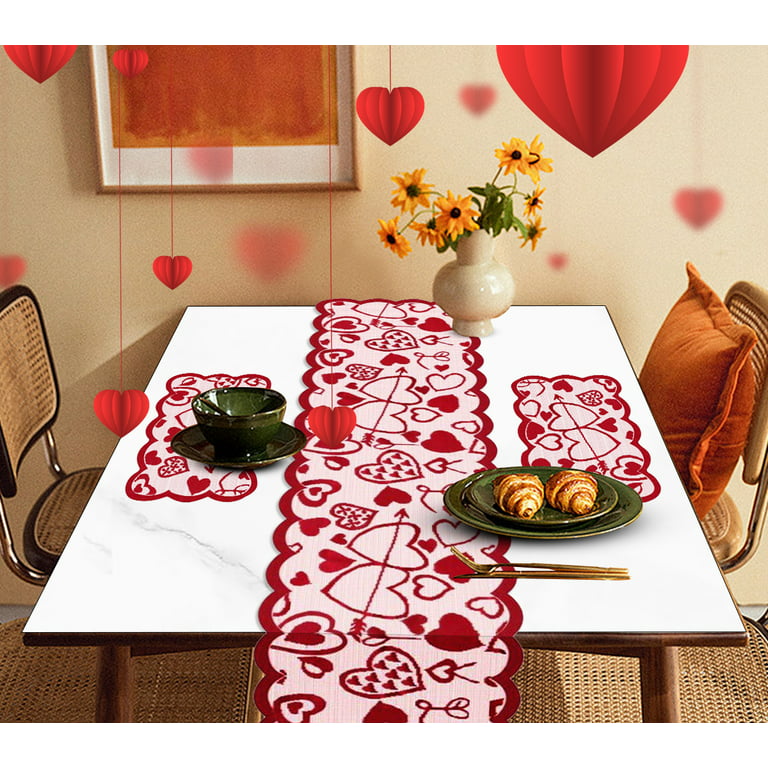 2CFun Valentine's Day Table Runner and Placemats- Red, Set of 5 1pc Lace Heart Table Runner and 4 Pcs Lace Table Placemats for Valentines Table Decorations
