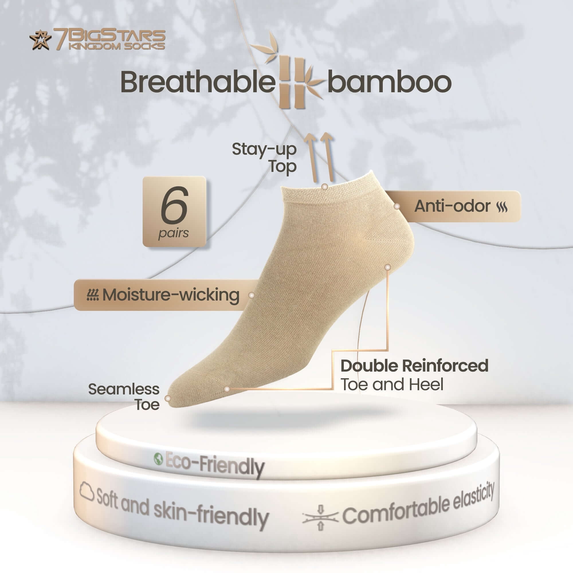 7BIGSTARS KINGDOM Men Bamboo Ankle Sock - 6 Pack - Thin Seamless Breathable Soft Solid Low Cut - Sock Size 10-13 Shoe 9-12 L White