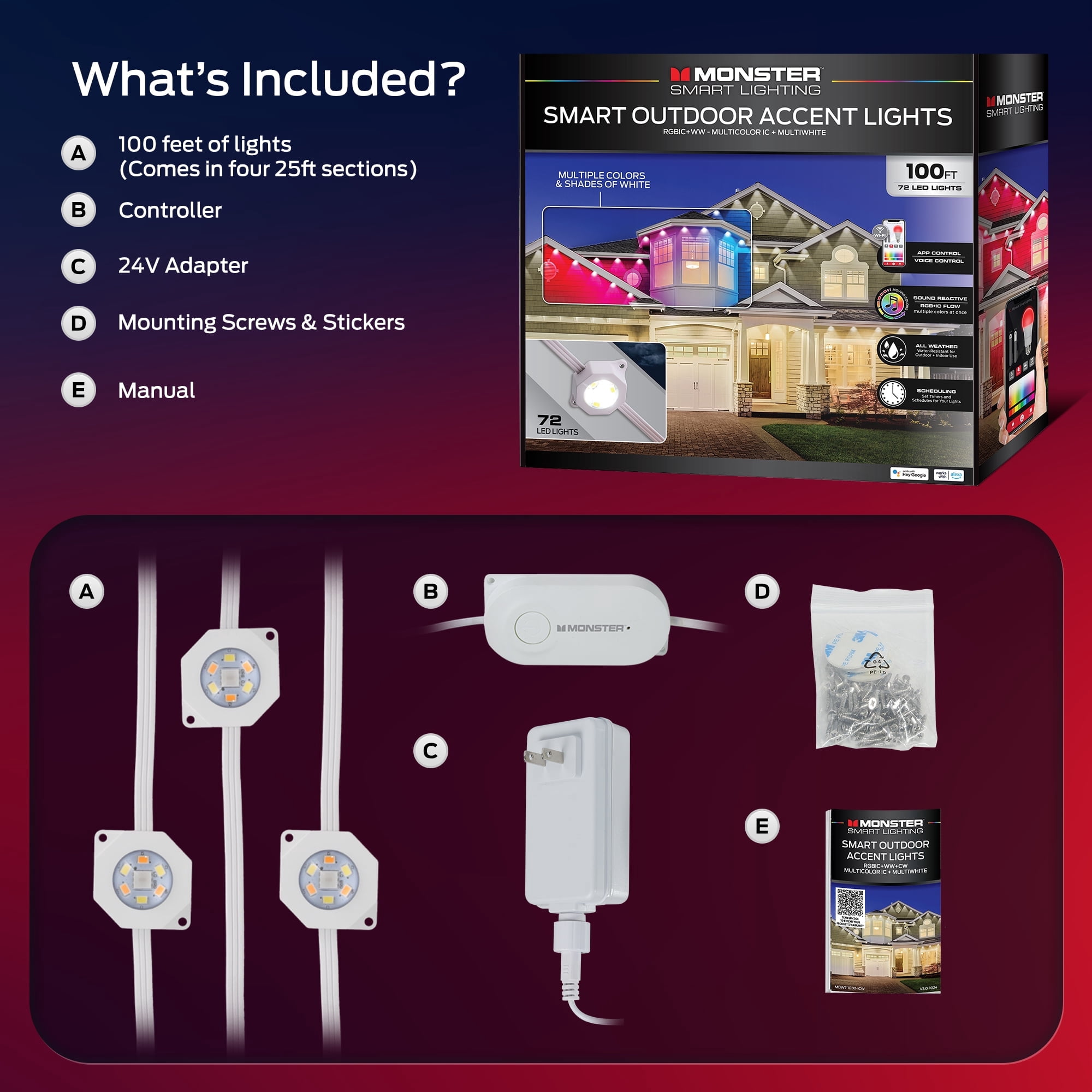 Monster Smart Permanent Outdoor Lights, 100ft, 72 LED RGBIC+ Multiwhite, All-Weather Water-Resistant, App & Voice Control, Perfect for Holidays and Year-Round Use