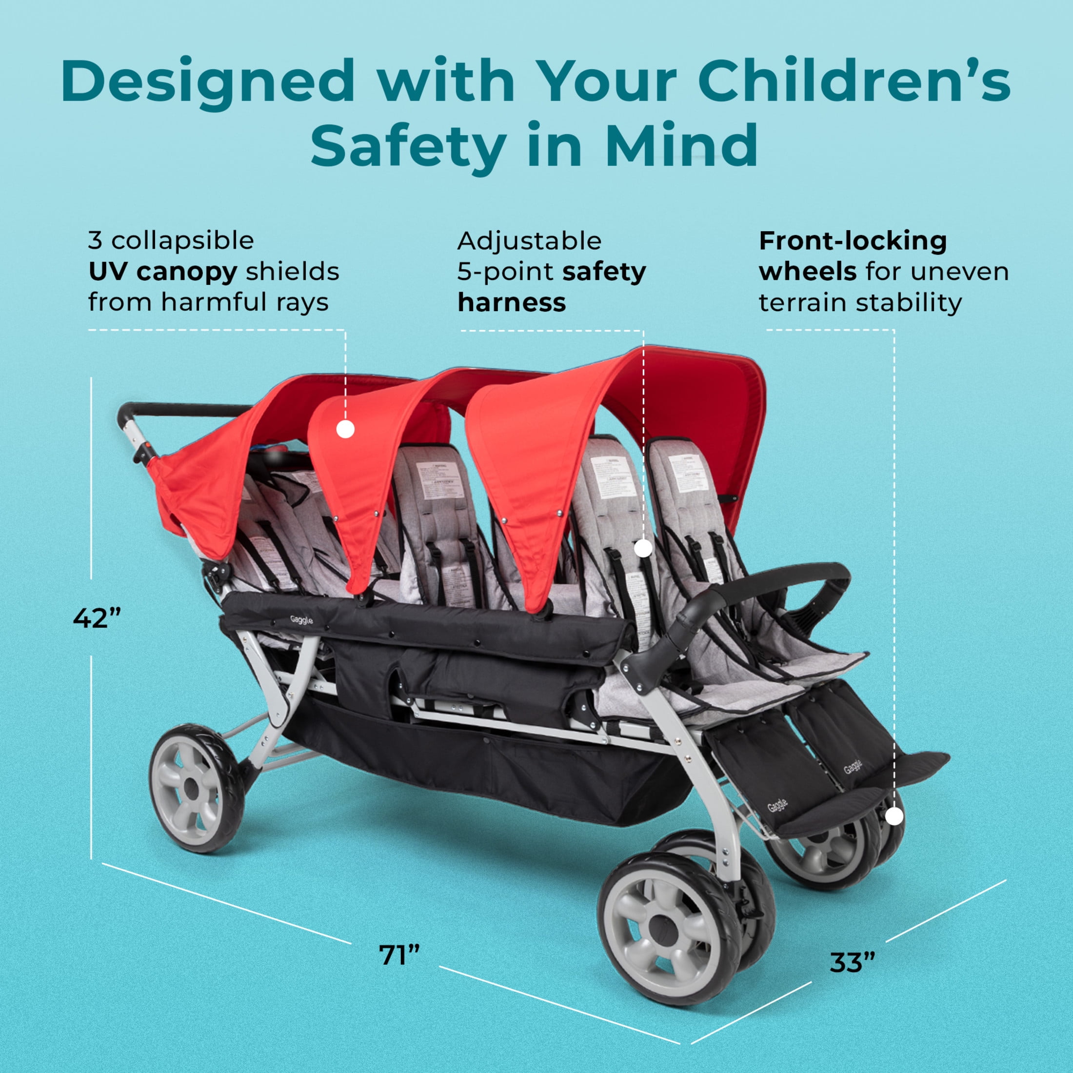 Gaggle Jamboree 6-Seat Stroller, UV Protection, 5-Point Safety