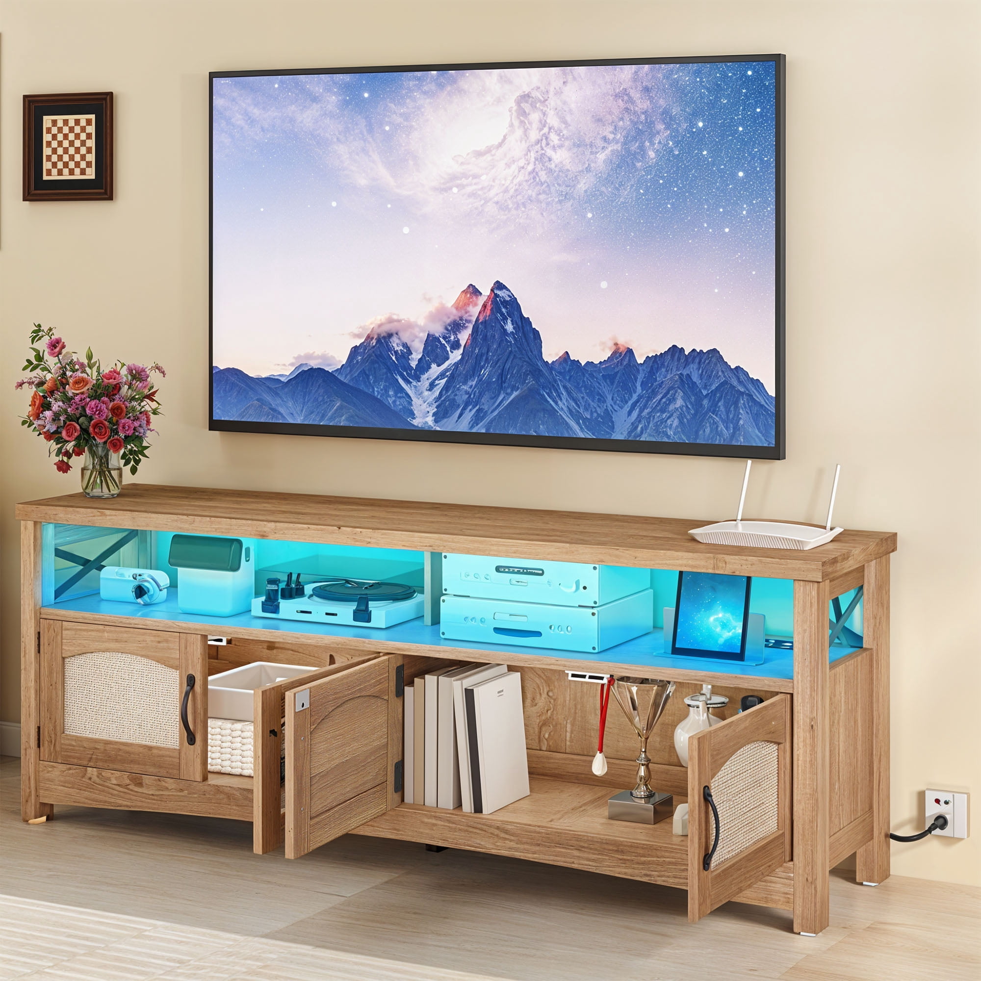 Uforic Farmhouse TV Stand for 65 inch TV, Entertainment Center with LED Light, TV Media Console Cabinet, 59" Oak