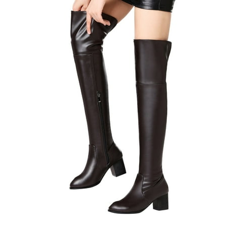 GHSOHS Cowboy Boots for Women Over The Knee Boots Over The Knee Boots Thick High Heels Warm Plush Leather Boots Fall and Winter Boots Half Zippered Winter Riding Boots Shoes Comfort Boots Size 38