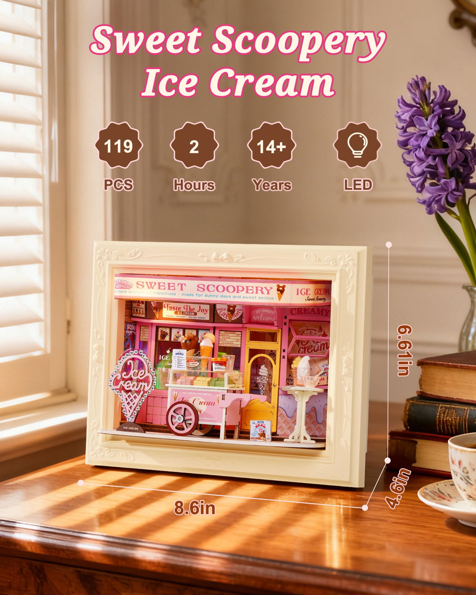 Robotime Wooden 3D Puzzle, Wall-Mountable Tiny House Creative Frame Building Sets, Holiday Home Wall Decor Craft Kits, Christmas Birthday Gifts for Adults (Sweet Scoopery Ice Cream)