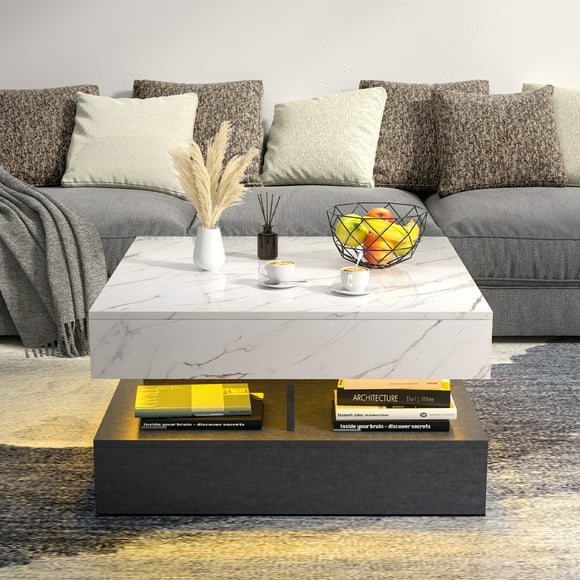 Modern Coffee Tables 2-Tier LED Coffee Table Cocktail Tea Table for Home Office Reception Room Square Shape TV Stand, Marble Panel
