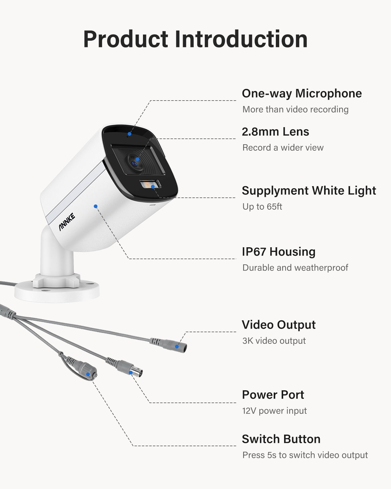 ANNKE 3K Add-On Security Bullet Camera with Full Color Night Vision, 4-in-1 TVI/AHD/CVI/CVBS CCTV Surveillance Bullet Cam with Built-in Mic, 2.8mm Lens, IP67 Weatherproof