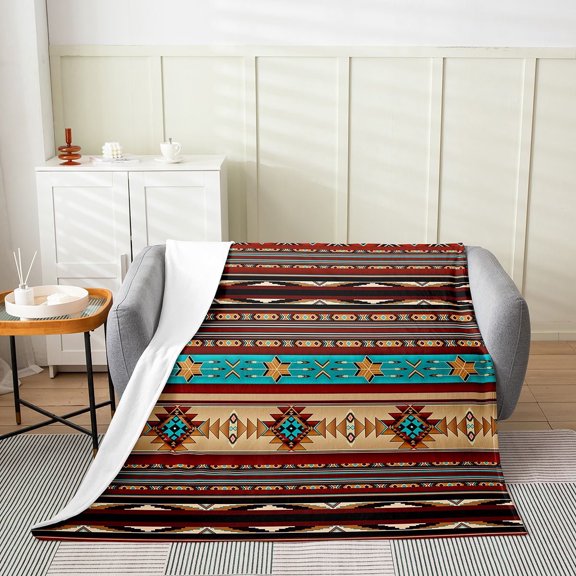 Aztec Throw Blanket Queen Size, Arrow Flannel Fleece Blanket for Sofa Bed Couch, Southwestern Bohemian Sherpa Blanket, Western Star Fuzzy Blanket Geometric Bedroom Decor