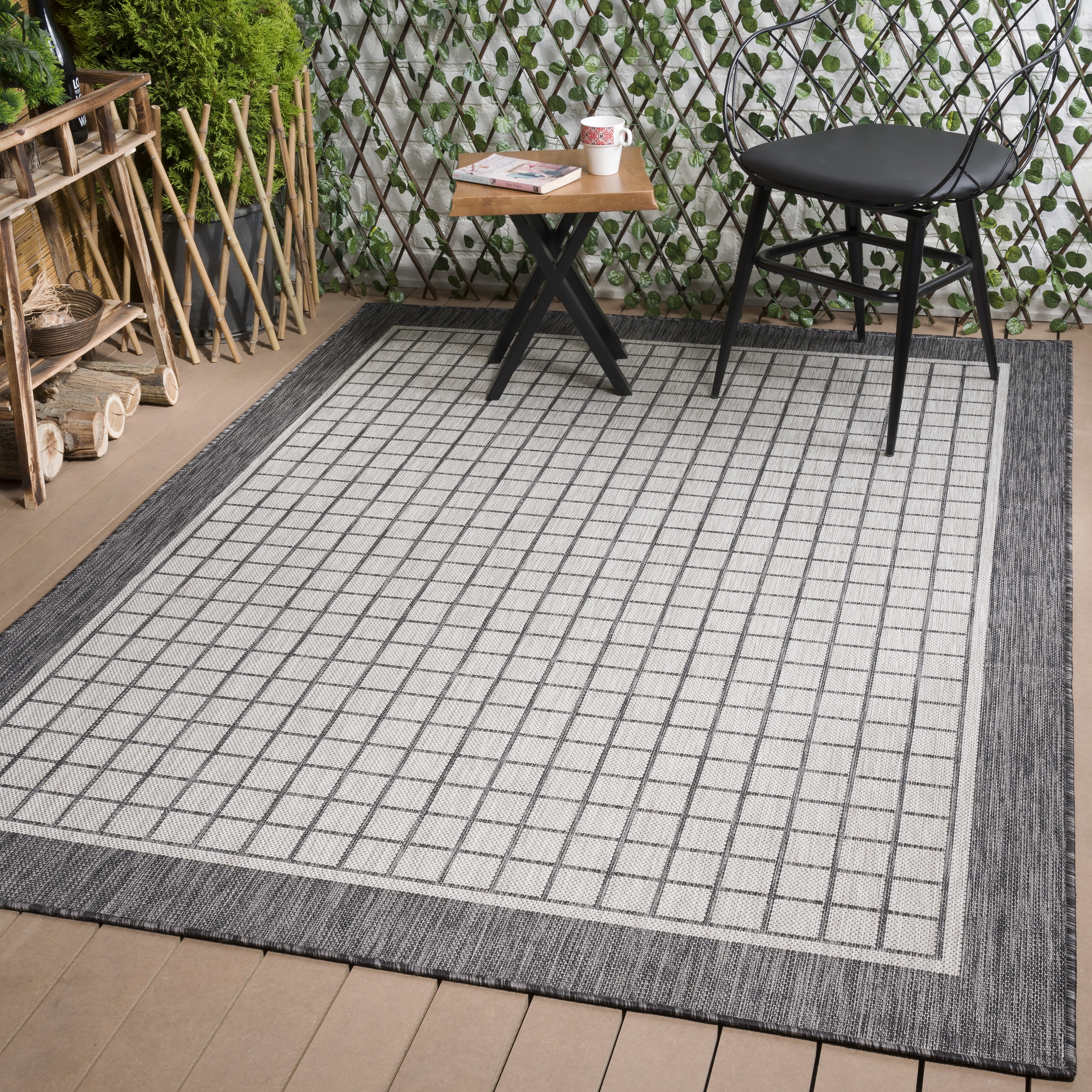 Beverly Rug Waikiki Collection Indoor/Outdoor Bordered Squares Area Rug, 7'10" X 10'0" Dark