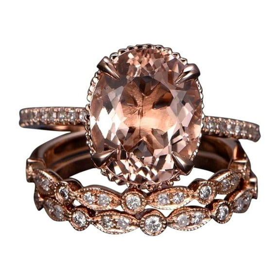 2 carat Real Morganite and Man made diamond moissanite Trio Ring Set with One Engagement Ring and 2 Wedding Bands Sterling Silver with 18k Gold Plating