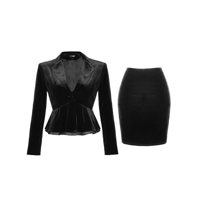 Conjunto de traje de trabajo con falda de lápiz midi de cintura alta con chaqueta corta Peplum de terciopelo para mujer Negro S