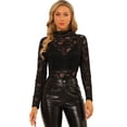 thumbnail image 1 of INSPIRE CHIC Blusa de encaje floral transparente con cuello simulado de manga larga para mujer Negro XS, 1 of 6