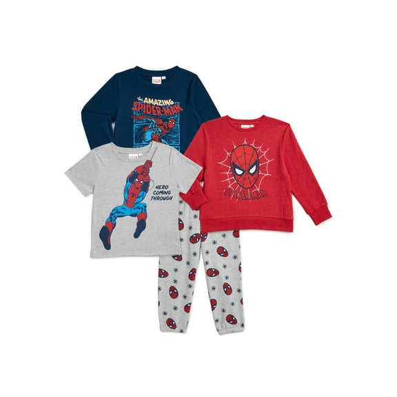 Spider-Man Toddler Boy Pullover Sweatshirt, Long-Sleeve T-Shirt, ShortSleeve T-Shirt & Print Jogger Pants Outfit Set, 4-Piece (2T-5T)