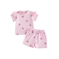 thumbnail image 2 of Toddler Girl Summer Outfits Cherry Print Crew Neck Short Sleeve Tops Elastic Waist Shorts 2Pcs Clothes Set, 2 of 9