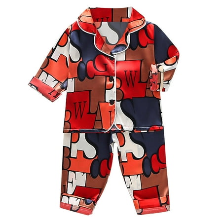 

AIMAOMI Toddler Kids Baby Boys Girls Satin Cartoon Button Down Shirt Tops + Long Pants Silk Pajamas Sleepwear Outfits Loungewear Set H