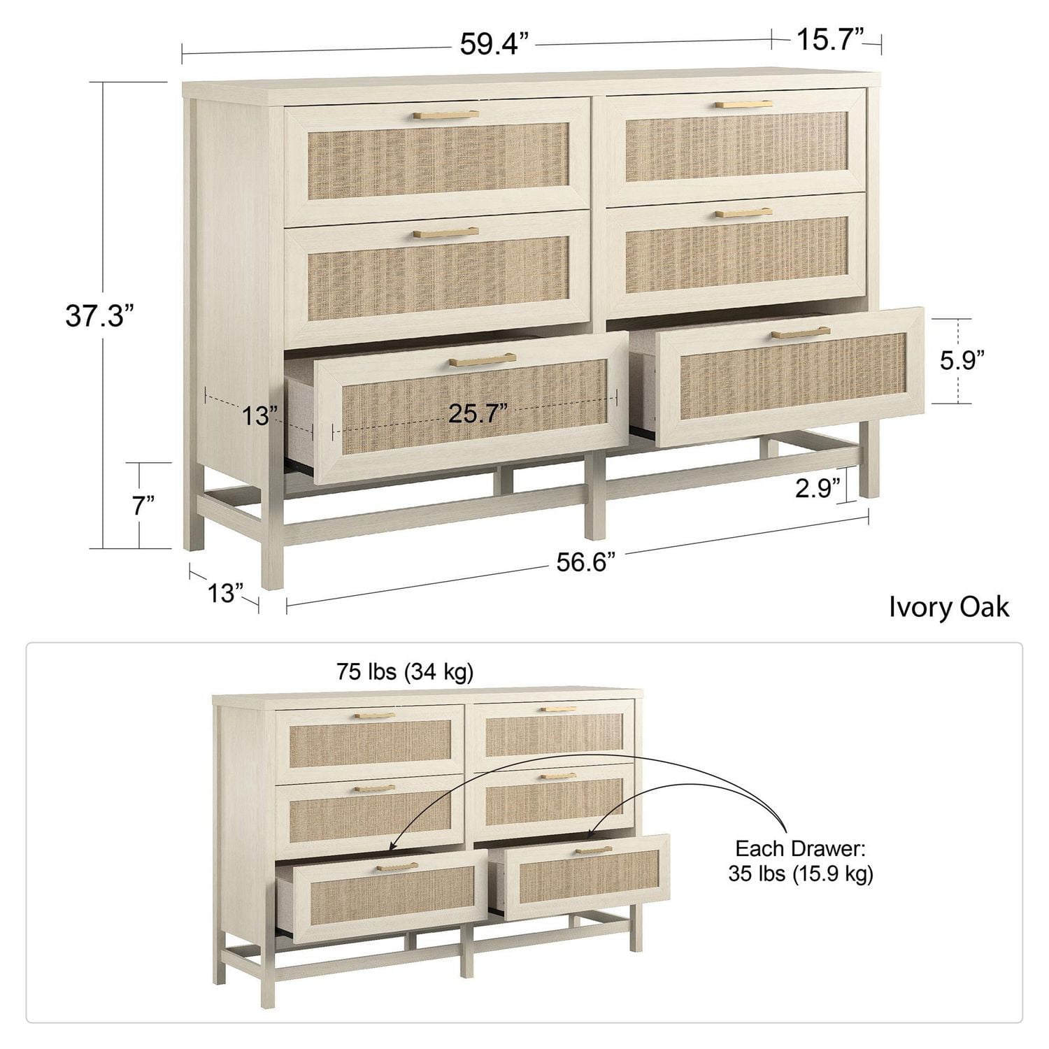 Lennon 6 Drawer Dresser, Medium Brown and Faux Rattan