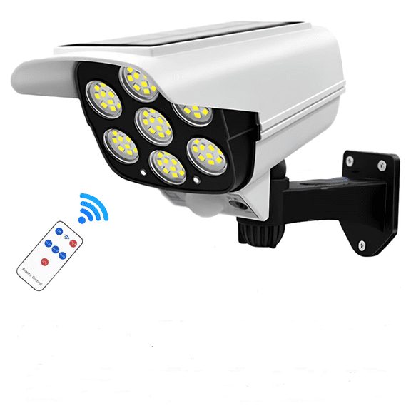 Solar Powered Dummy Security Camera Light with Motion Sensor, 3 Lighting Modes LED Flood Light, IP65 Waterproof Fake Camera Light for Outdoor Garden Yard Driveway (Remote Control Included)