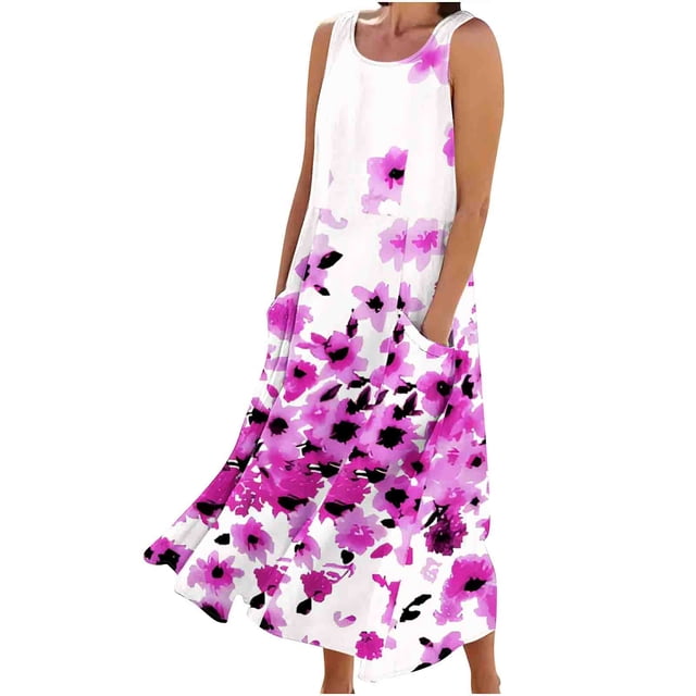 Birdeem Robes pour Femmes Robe Longue Sans Manches en Coton et Lin à Col Rond Imprimé