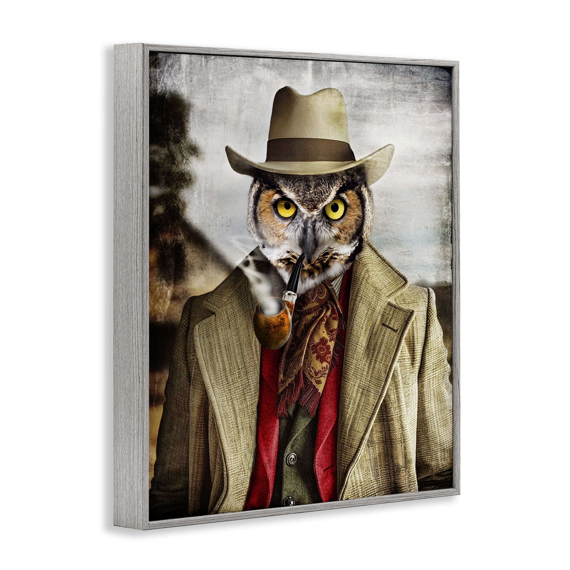Stupell Industries Owl with Classic Pipe Animals & Insects Painting Gray Framed Art Print Wall Art, 11 x 14