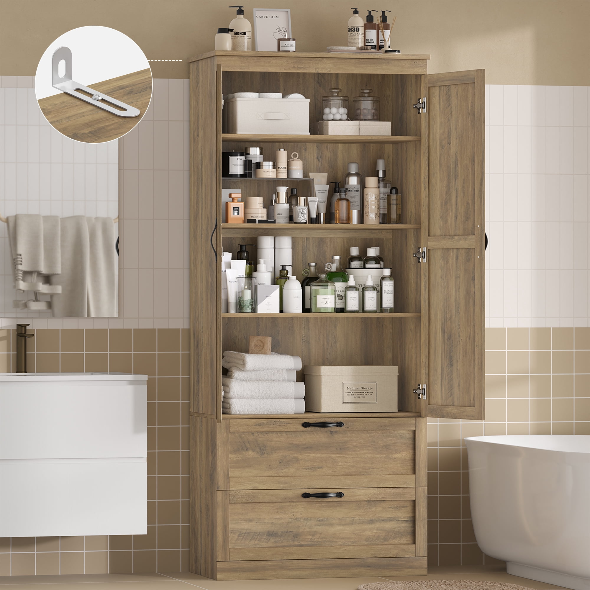 Homfa 70.3"H Bathroom Storage Cabinet, Farmhouse Linen Storage Cabinet with 2 Drawers, Rustic Brown
