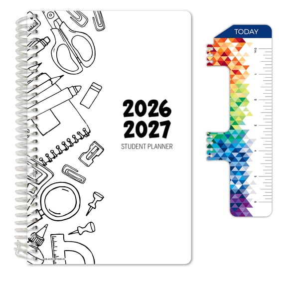 Global Datebooks Secondary Student Planner AY 2026-2027 - Matrix Style - 5.5"x8.5" (Black Doodles)