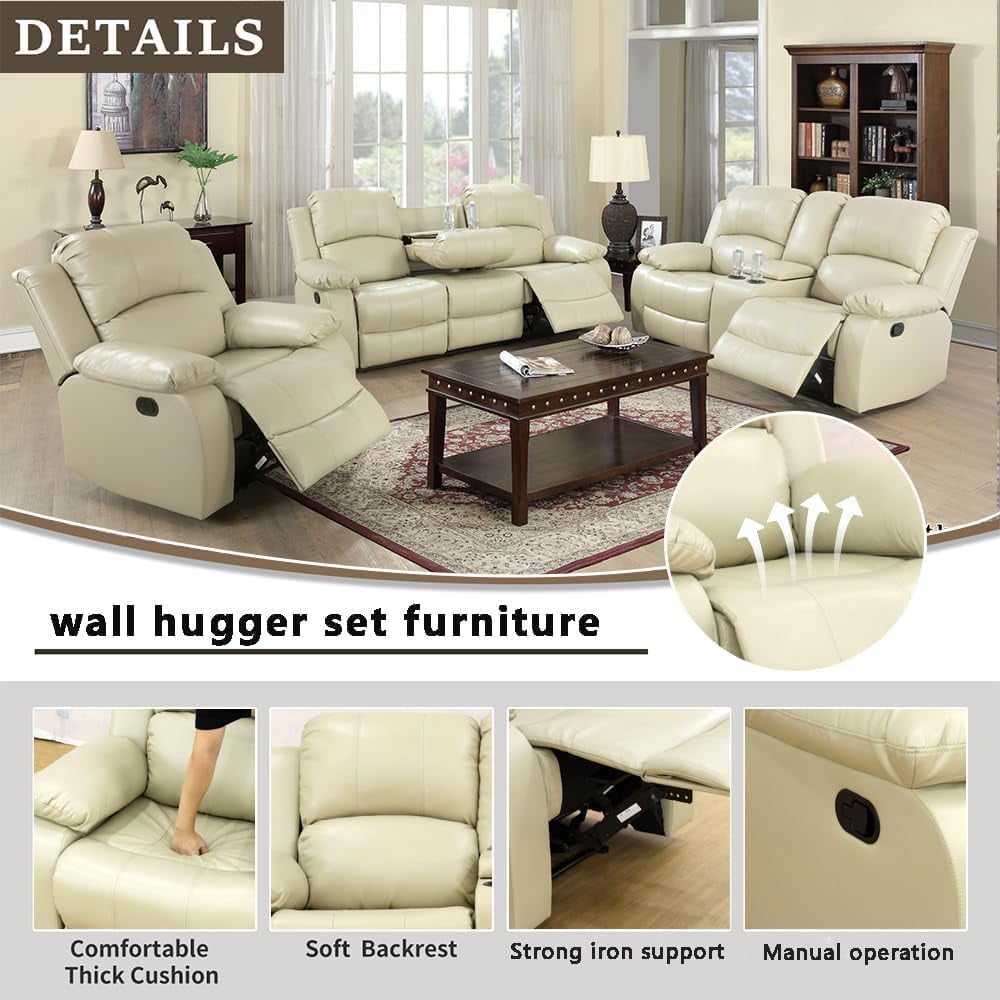 Bonded Leather Living Room Furniture Set Reclining Sofa Set Loveseat Furniture Sets in Living Room Sofa Recliners (3 Pieces, Beige)