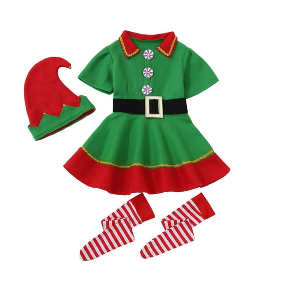 oqasdz Kids Child Elf Set Dress Up Christmas Santa Dress and Hat Socks Outfit for Girls Family Matching Outfits Party Performance
