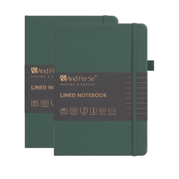 &And Per Se A5 Lined Journal Notebook 2 Pack, 320 Pages Thick Paper Hardcover Notebook for Writing, College Ruled Journal for School Office Work(Green)