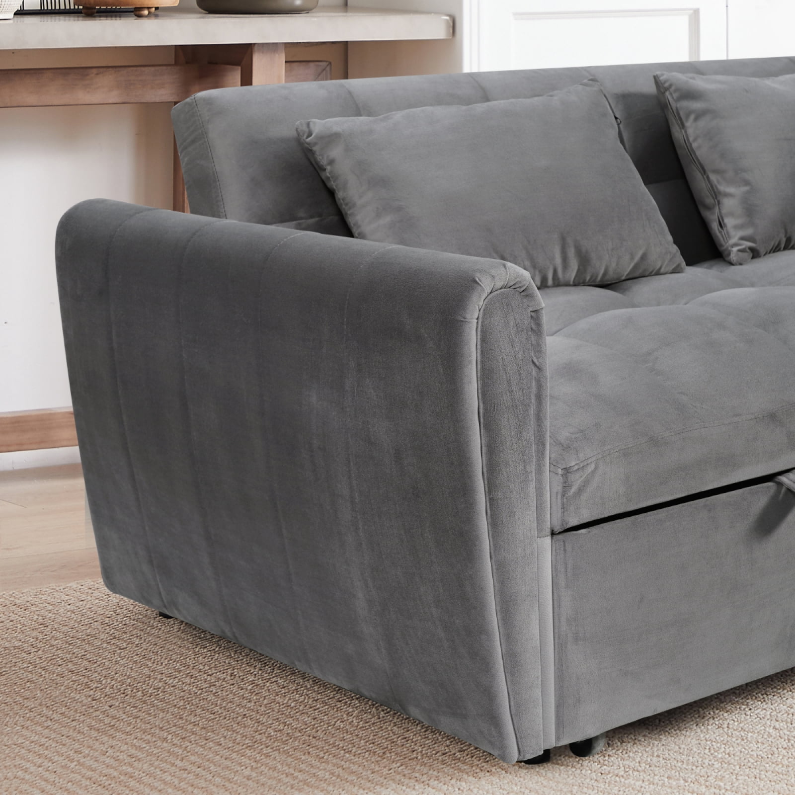 65 Inch 3-in-1 Convertible Sleeper Sofa Bed, Velvet Loveseat with Adjustable Backrest & Padded Armrests, Multifunctional Pull Out Couch for Living Room Apartment Bedroom Office, Dark Gray