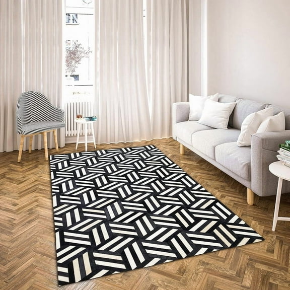 Artcore Geometric Black Hair on Hide, Leather Hide Rugs, 3' x 5', Handmade
